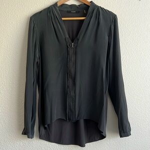 Tahari M Silk Front, Long Sleeve Top - Gray Blouse with Zipper